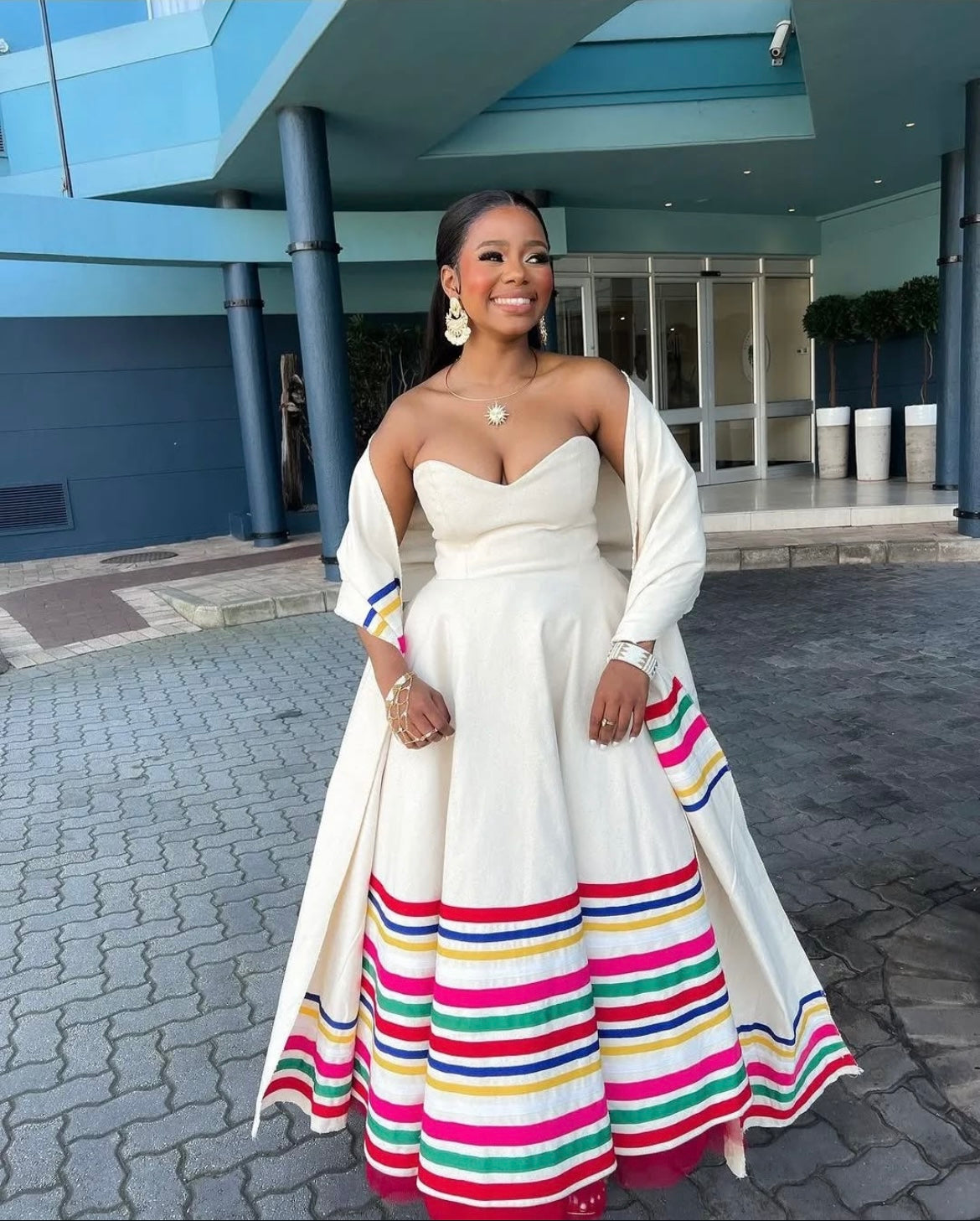 Elegant Rainbow Striped Strapless Maxi Dress with Matching Cape