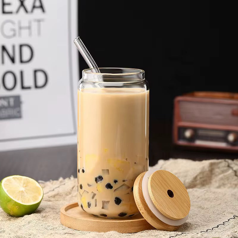 4-Piece Glass Cups with Bamboo Lids and Straws Se
