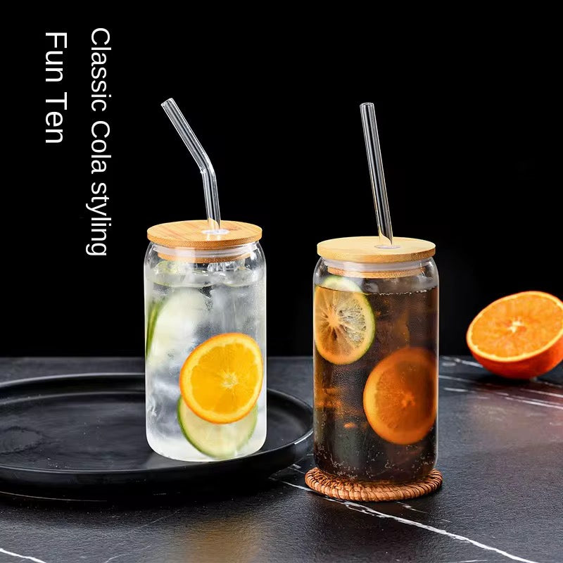 4-Piece Glass Cups with Bamboo Lids and Straws Se