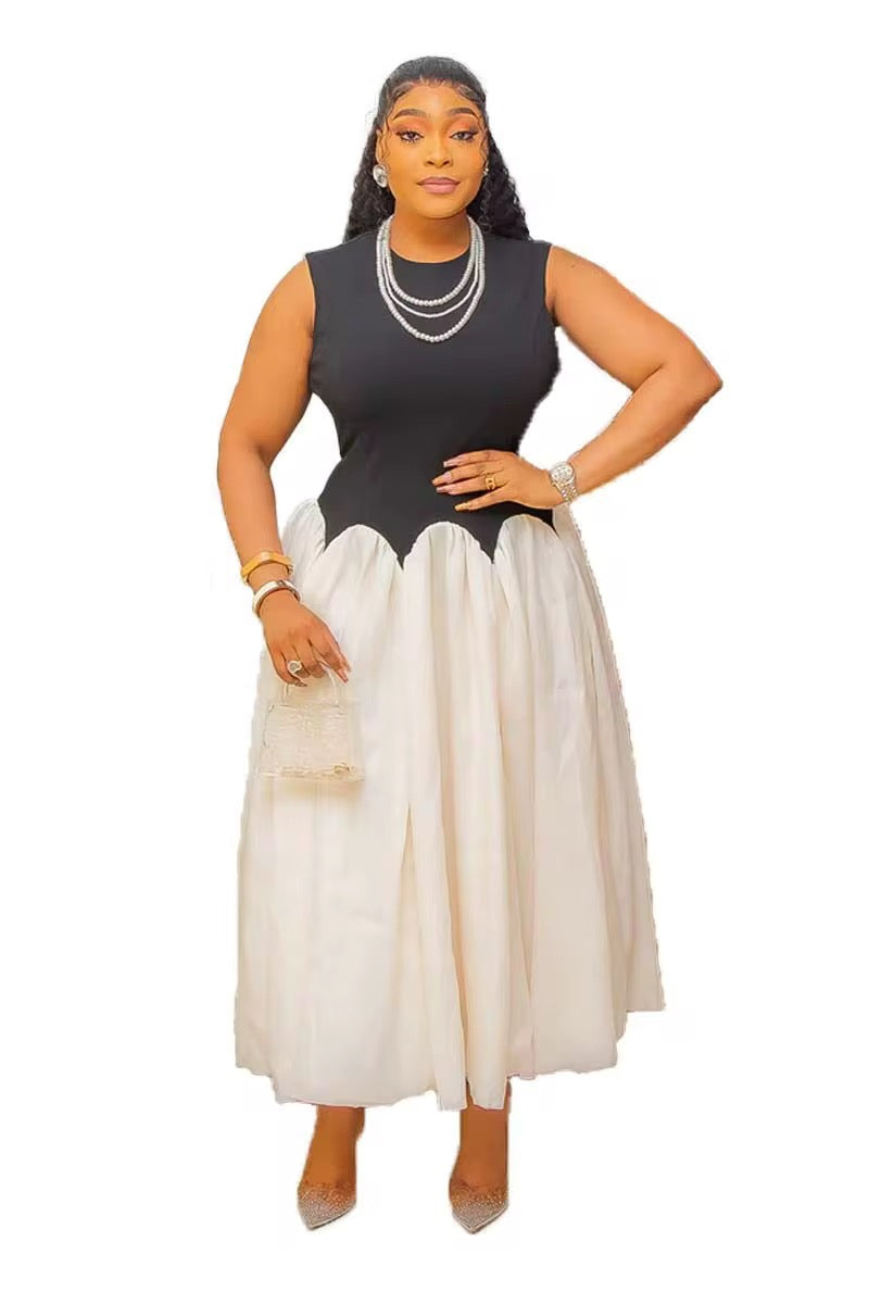 Elegant Black & White Maxi Dress with Waist Detail