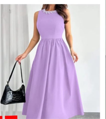 Long Flare Dress with White Pearl Neckline