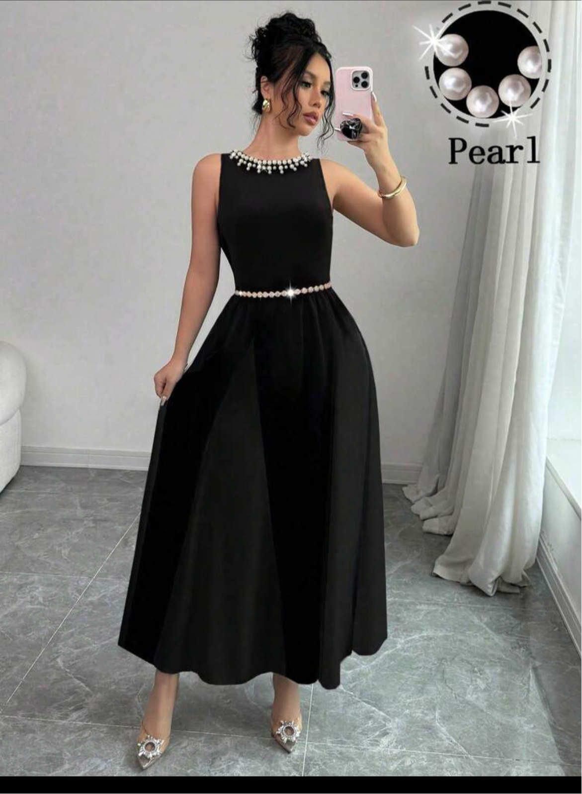 Long Flare Dress with White Pearl Neckline