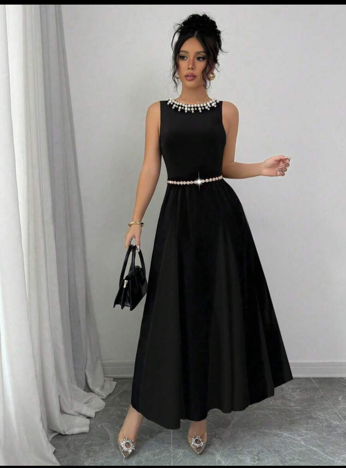 Long Flare Dress with White Pearl Neckline