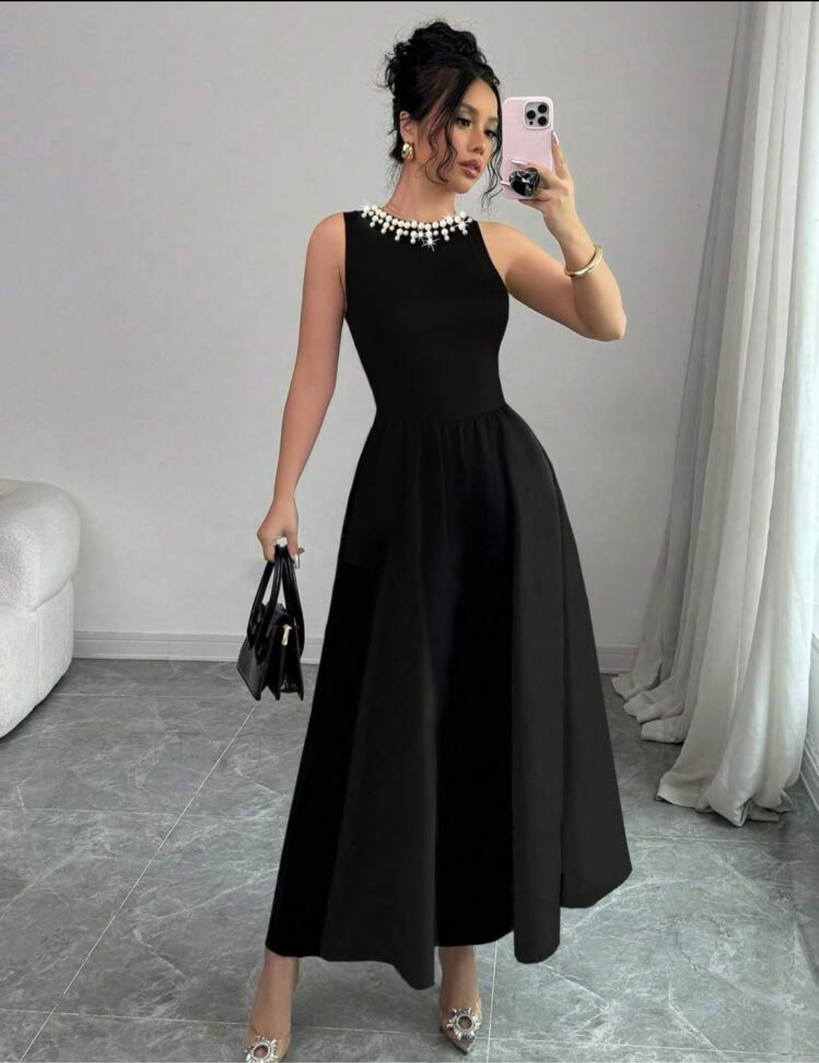 Long Flare Dress with White Pearl Neckline