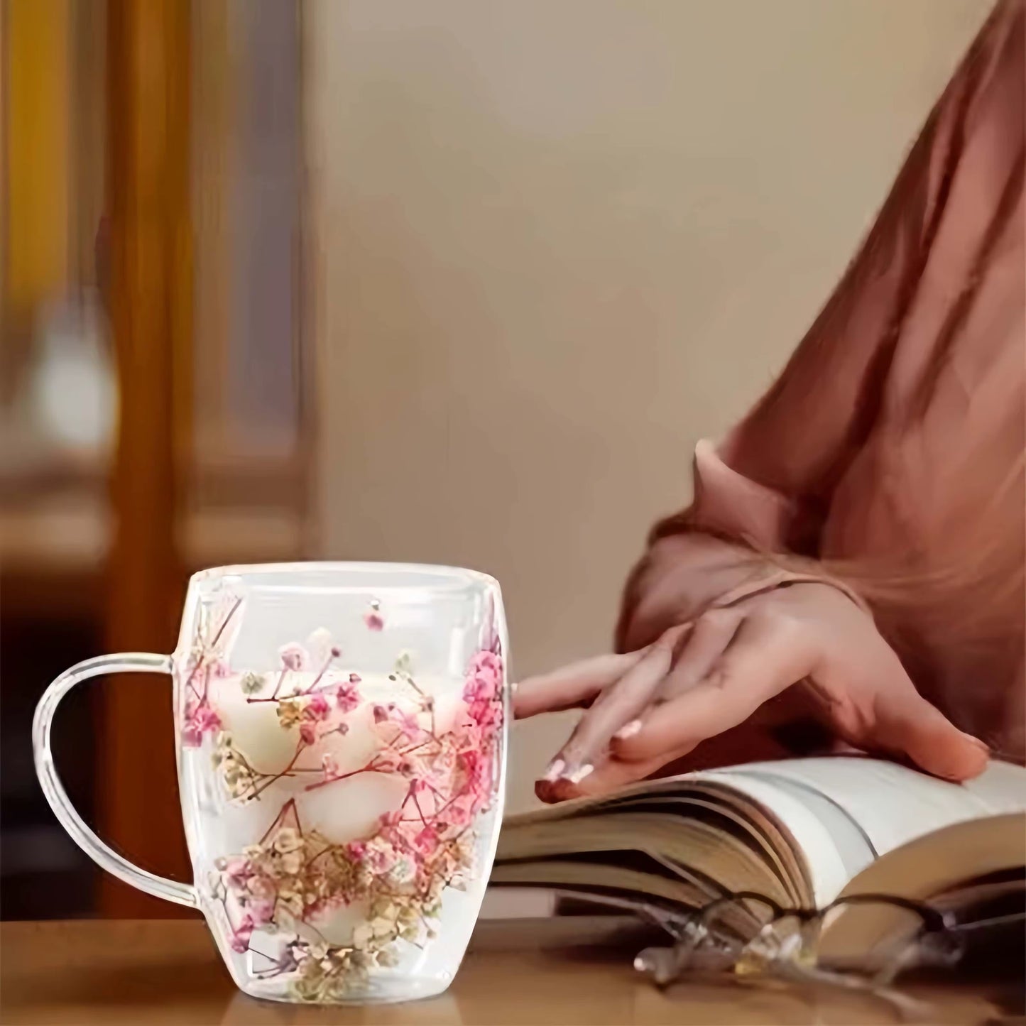 Double Walled Glass Cup with Dried Flower Decoration