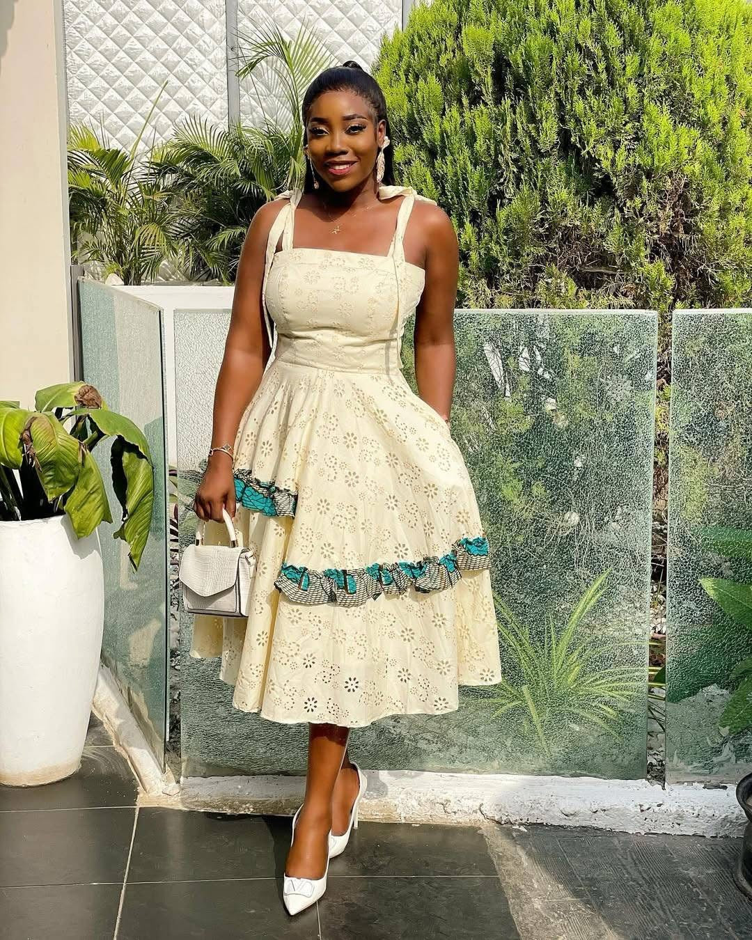 Elegant Eyelet Midi Dress with African Print Trim