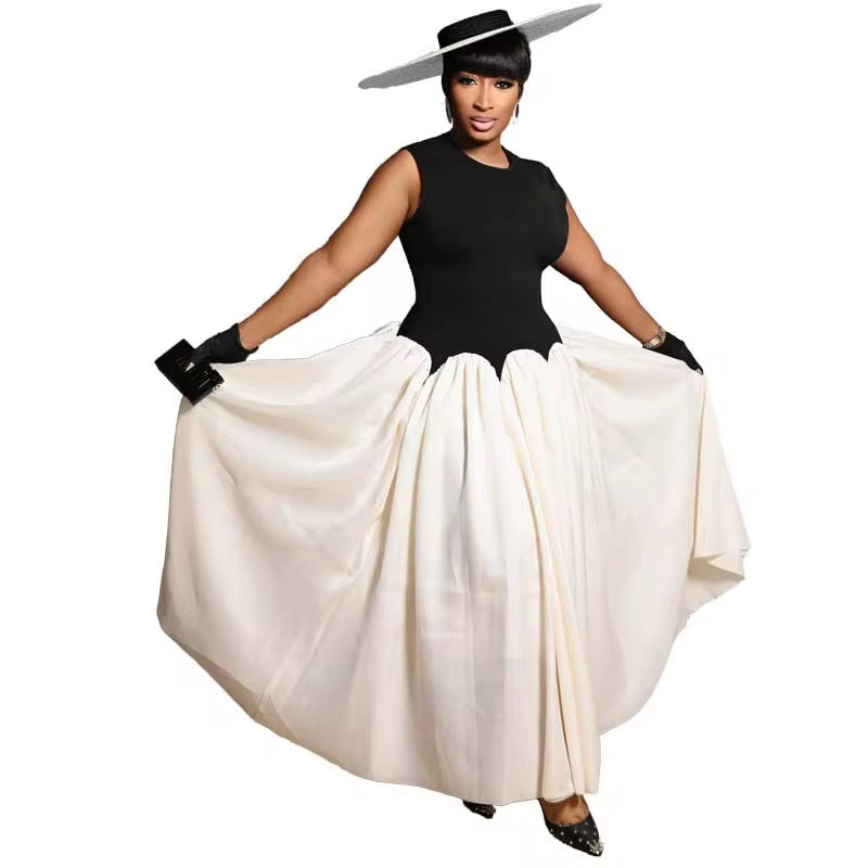 Elegant Black & White Maxi Dress with Waist Detail