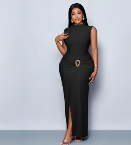 Elegant Sleeveless Bodycon Dress with Belt Detail