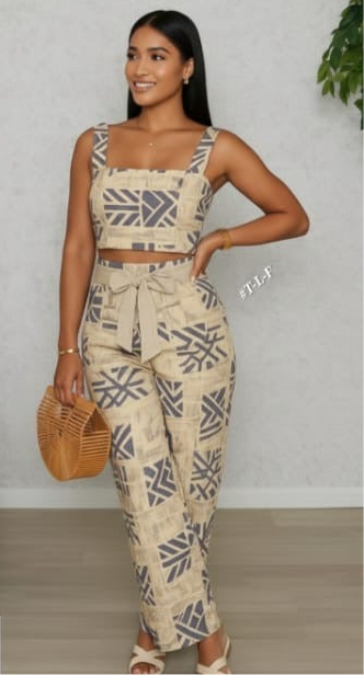 African Geometric Print Two-Piece Set - Crop Top & Wide Leg Pants