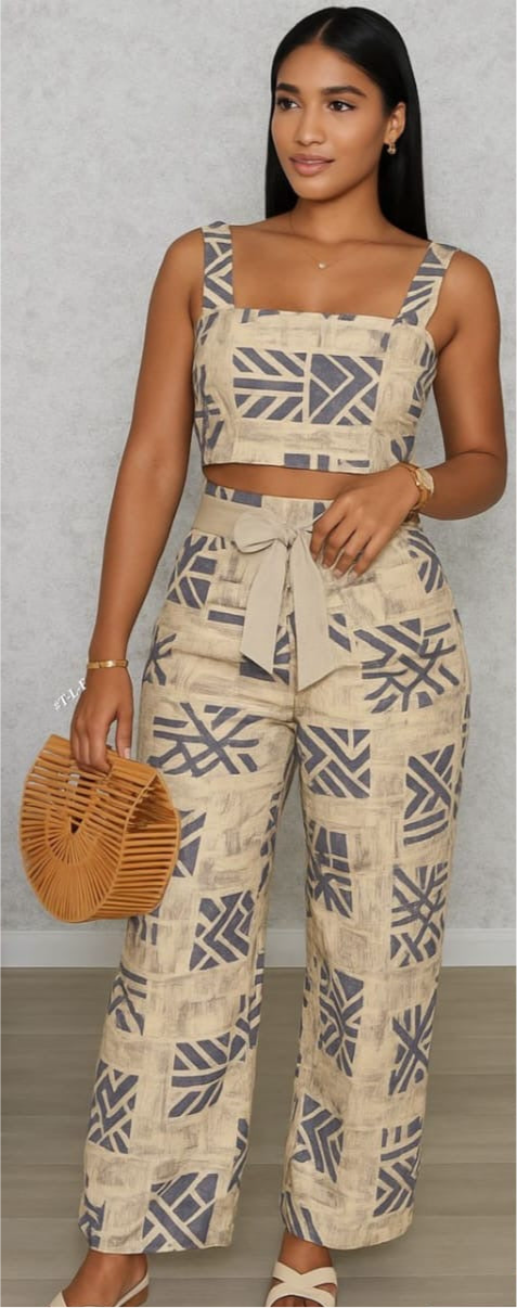 African Geometric Print Two-Piece Set - Crop Top & Wide Leg Pants