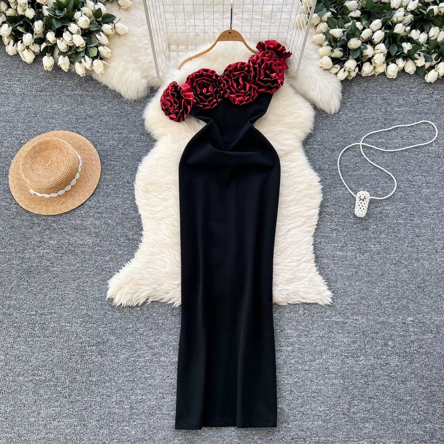 One Shoulder Black Bodycon Maxi Dress with 3D Floral Detail