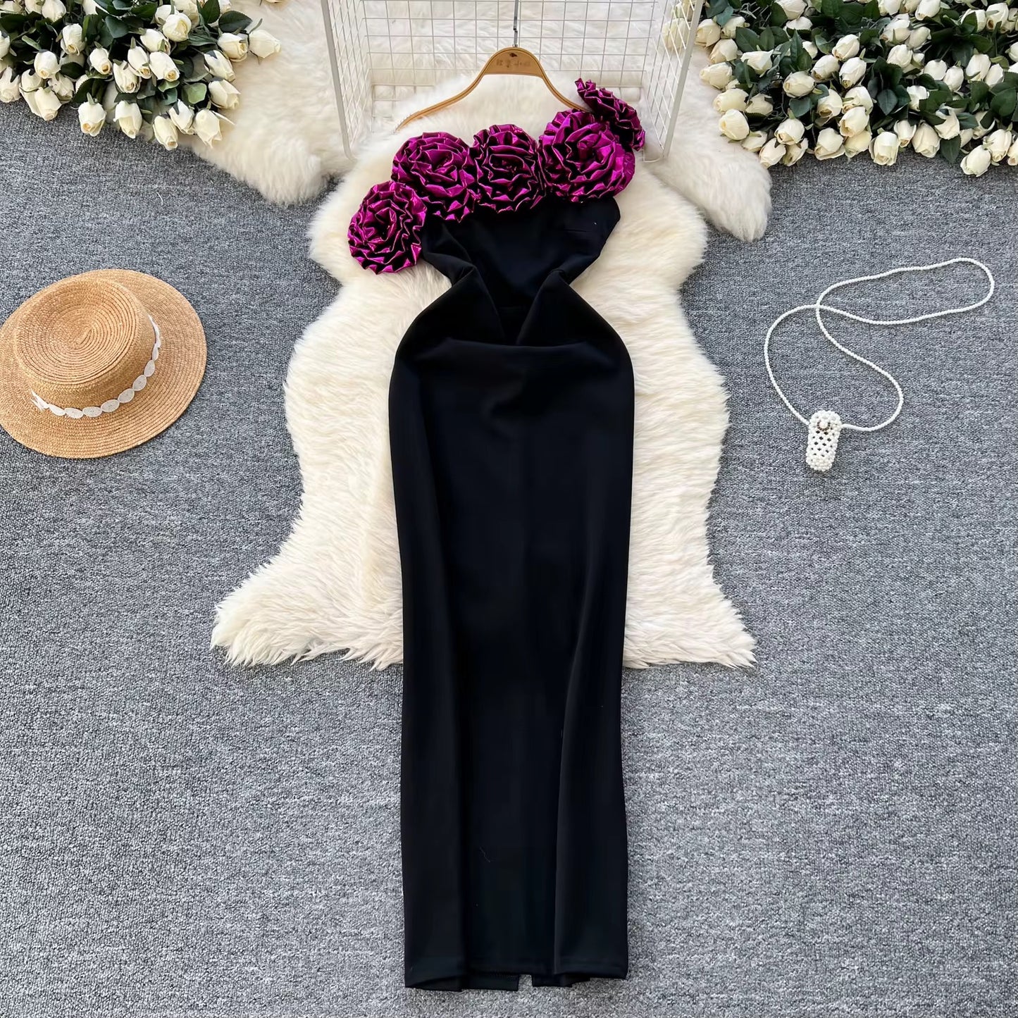 One Shoulder Black Bodycon Maxi Dress with 3D Floral Detail