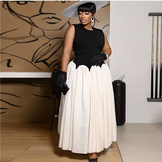 Elegant Black & White Maxi Dress with Waist Detail