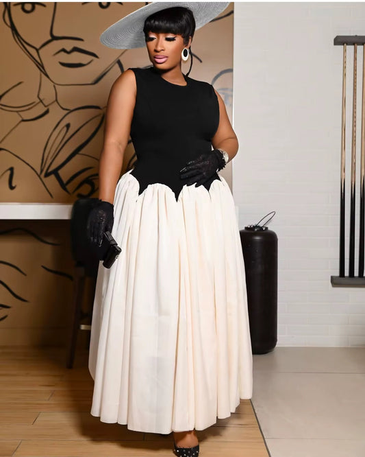 Elegant Black & White Maxi Dress with Waist Detail