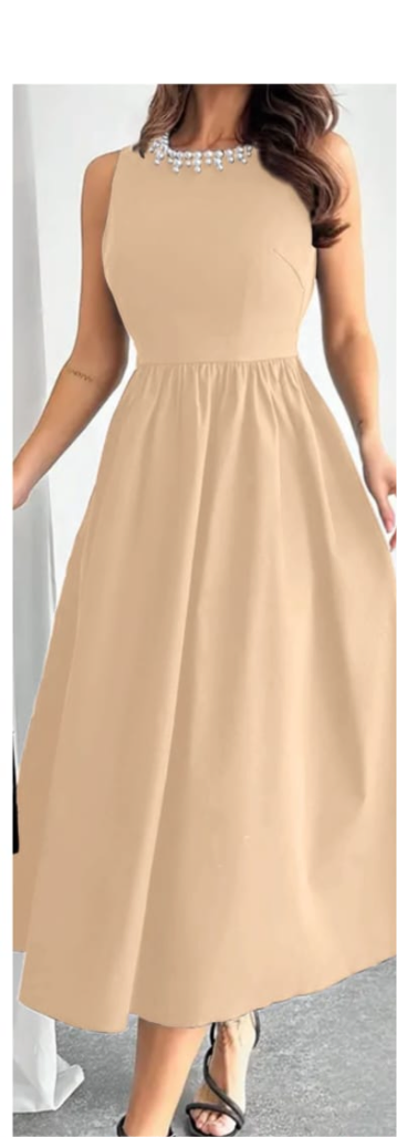 Long Flare Dress with White Pearl Neckline