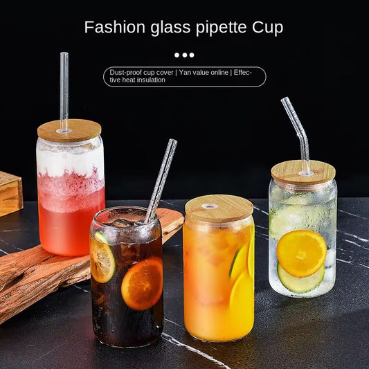 4-Piece Glass Cups with Bamboo Lids and Straws Se