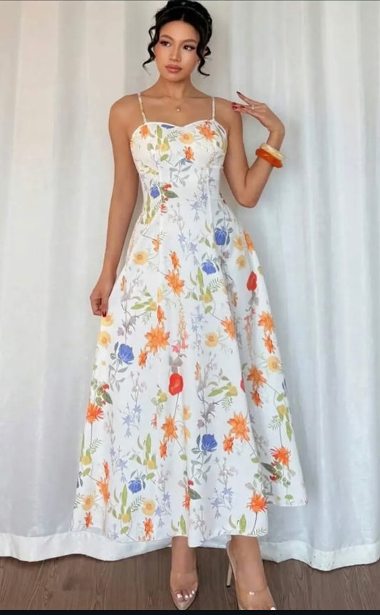 Romantic Floral Midi Dress - Sweetheart Neckline