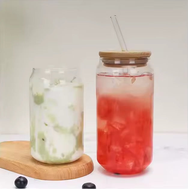 4-Piece Glass Cups with Bamboo Lids and Straws Se