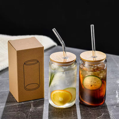 4-Piece Glass Cups with Bamboo Lids and Straws Se