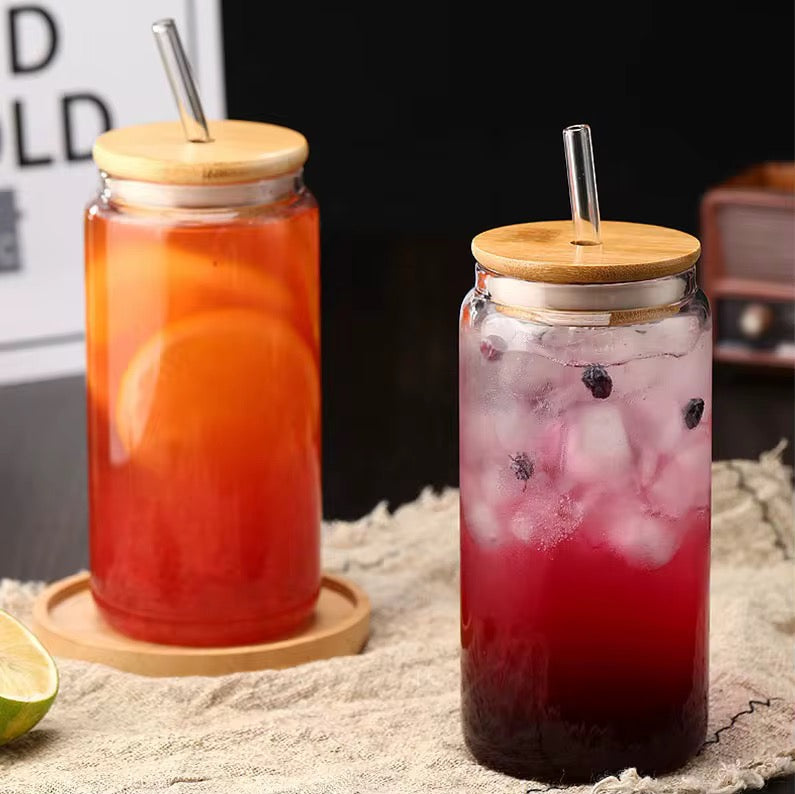 4-Piece Glass Cups with Bamboo Lids and Straws Se