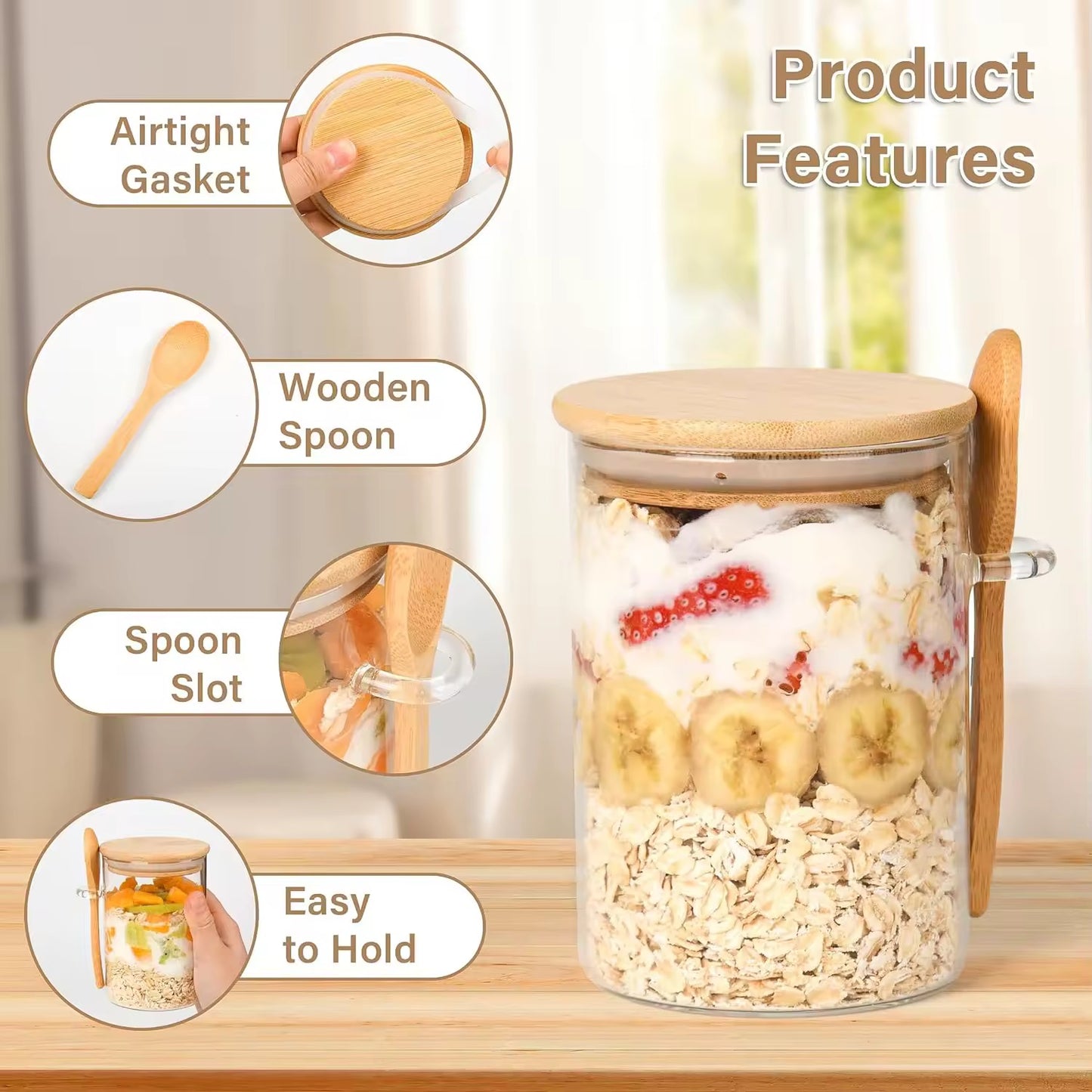Glass Storage Container Set - 4 Pack with Bamboo Lids & Wooden Spoons