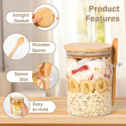 Glass Storage Container Set - 4 Pack with Bamboo Lids & Wooden Spoons