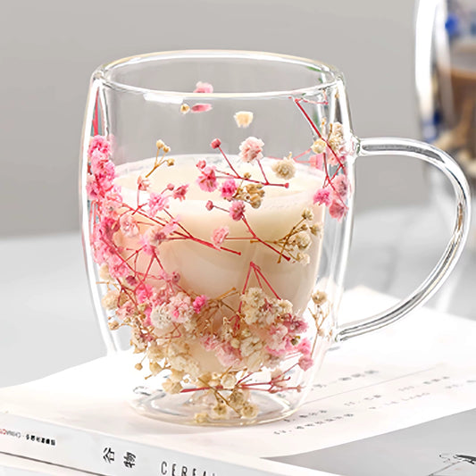 Double Walled Glass Cup with Dried Flower Decoration