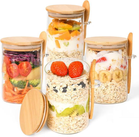 Glass Storage Container Set - 4 Pack with Bamboo Lids & Wooden Spoons