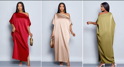 Off-Shoulder Silk Maxi Dress with Side Slit - Elegant Evening Wear