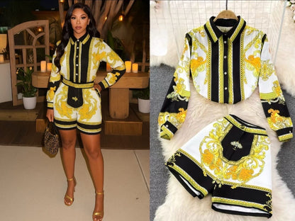 Luxury Baroque Print Two-Piece Set - Gold & Black Ornate Design