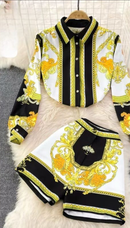 Luxury Baroque Print Two-Piece Set - Gold & Black Ornate Design