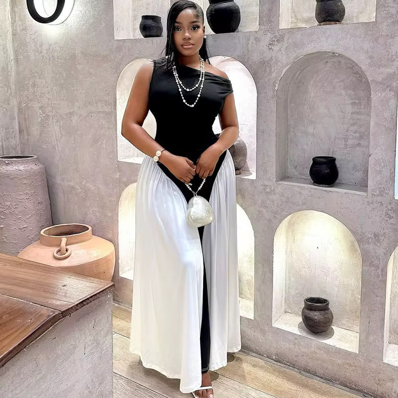 Elegant Black & White Asymmetric Maxi Dress