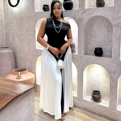 Elegant Black & White Asymmetric Maxi Dress
