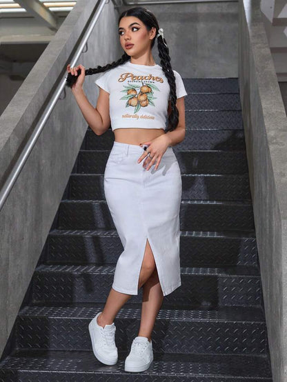 White Denim Midi Skirt with Front Slit