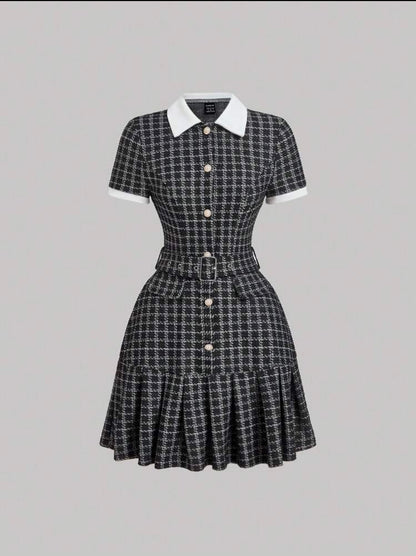 Checkered Blazer/ Tunic Dress - White & Black Houndstooth