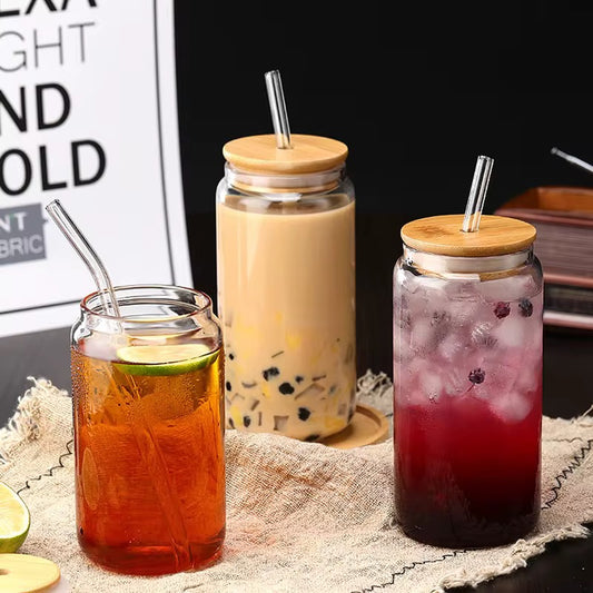 4-Piece Glass Cups with Bamboo Lids and Straws Se