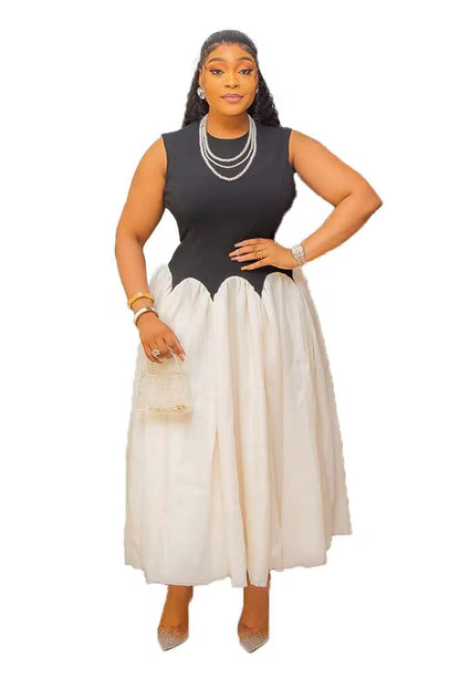 Elegant Black & White Maxi Dress with Waist Detail
