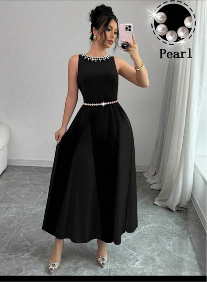 Long Flare Dress with White Pearl Neckline