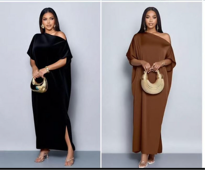 Off-Shoulder Silk Maxi Dress with Side Slit - Elegant Evening Wear