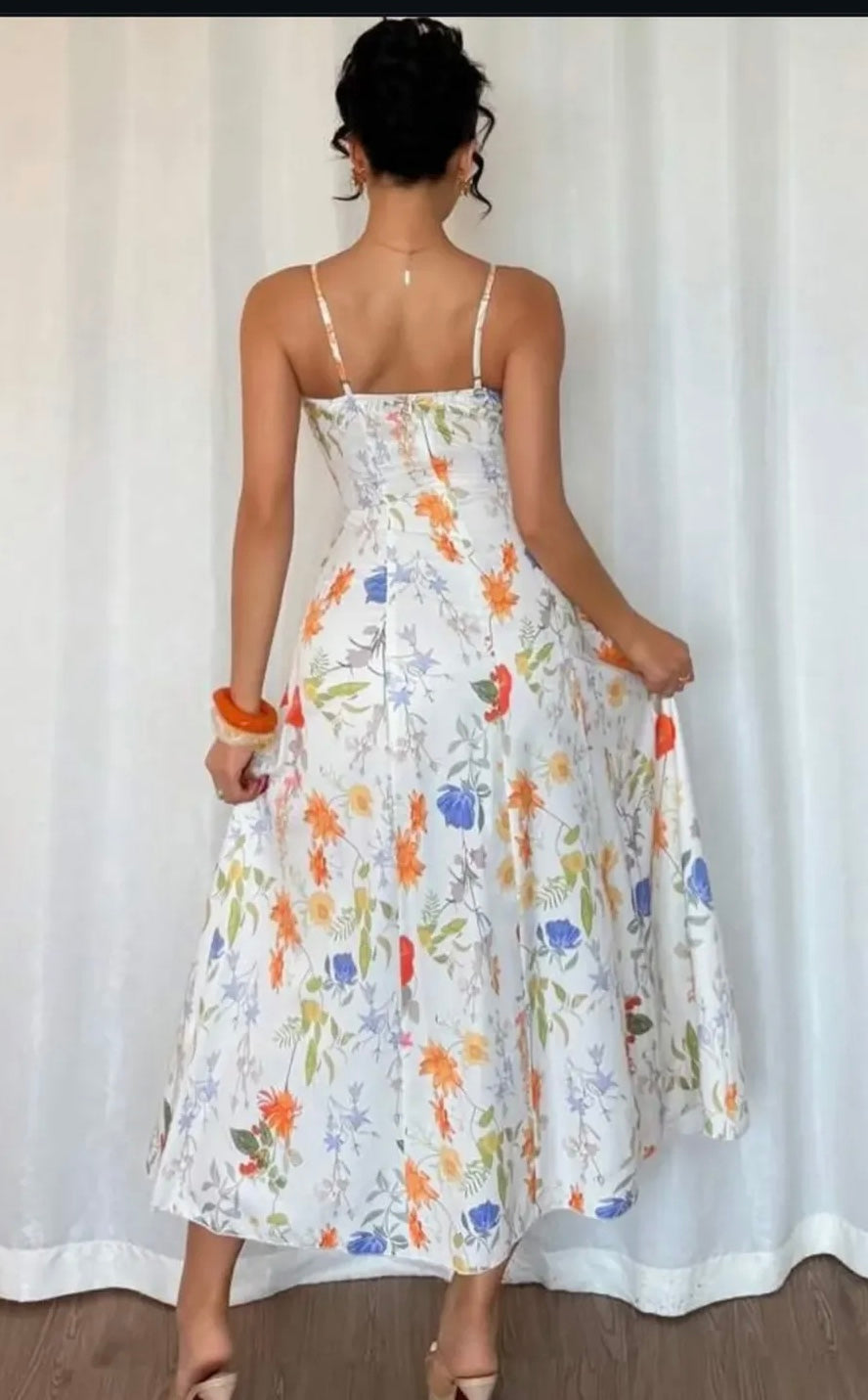 Romantic Floral Midi Dress - Sweetheart Neckline