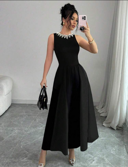 Long Flare Dress with White Pearl Neckline