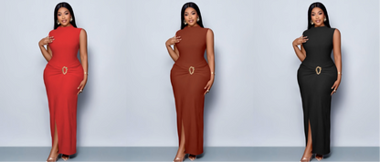 Elegant Sleeveless Bodycon Dress with Belt Detail