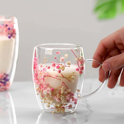 Double Walled Glass Cup with Dried Flower Decoration