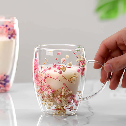 Double Walled Glass Cup with Dried Flower Decoration