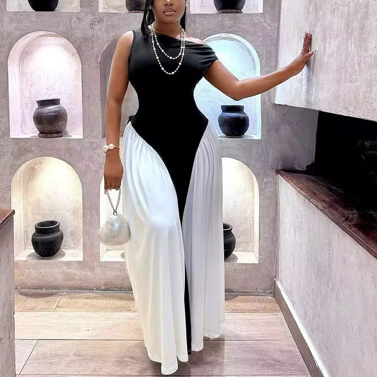 Elegant Black & White Asymmetric Maxi Dress