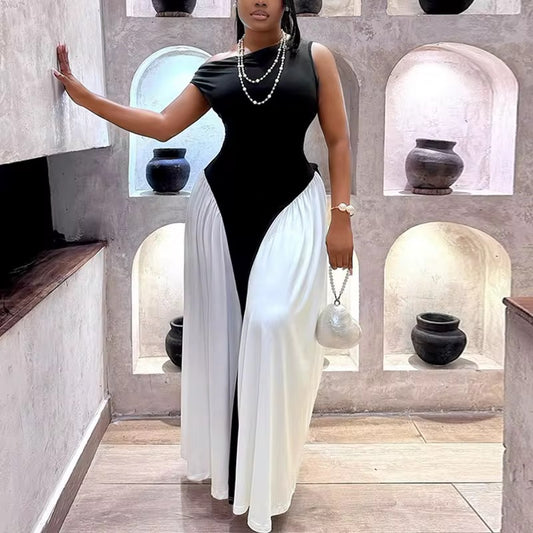 Elegant Black & White Asymmetric Maxi Dress