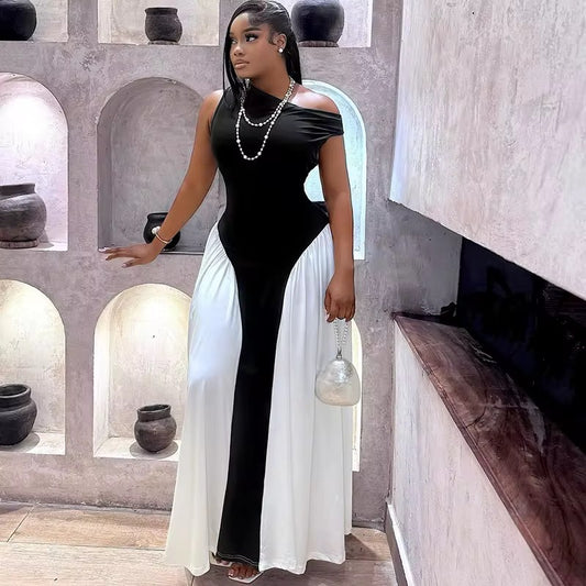 Elegant Black & White Asymmetric Maxi Dress