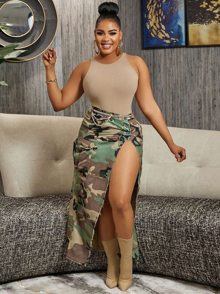 Camouflage Print Side slit Skirt