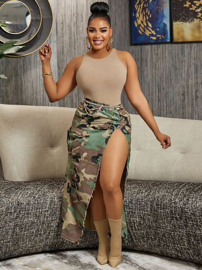 Camouflage Print Side slit Skirt