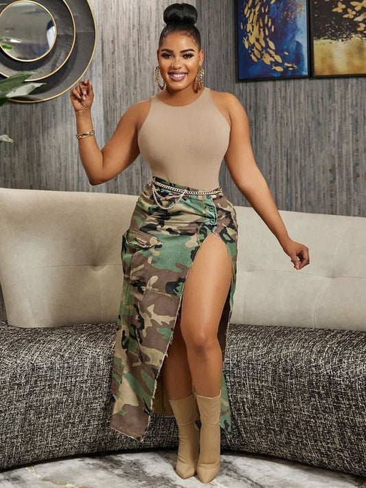 Camouflage Print Side slit Skirt